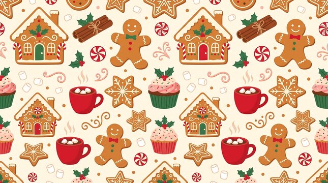 Festive Christmas pattern featuring gingerbread cookies houses cupcakes and hot chocolate mugs