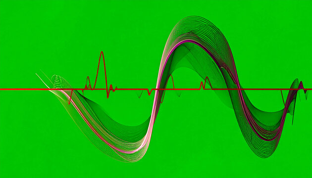 Abstract wave design with a heartbeat line, green background, and digital art style for creative projects