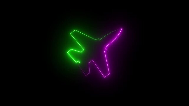 Abstract glowing neon green and pink color rocket icon on black background. Animated rocket logo with glowing neon Lines. 