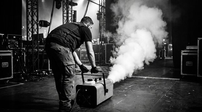 Man operating fog machine on concert stage with equipment with various technical equipment casual clothing adjusting machine darkened production