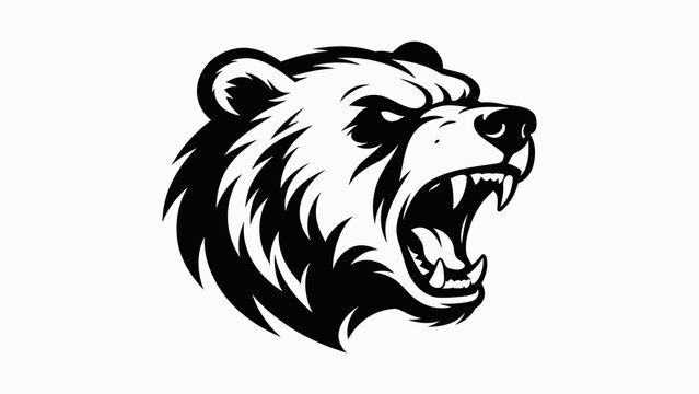 A bold, black-and-white, digital drawing of a fierce bear's head in a roaring pose, with sharp teeth bared and fur rendered in dynamic, angular lines. The background is plain white.