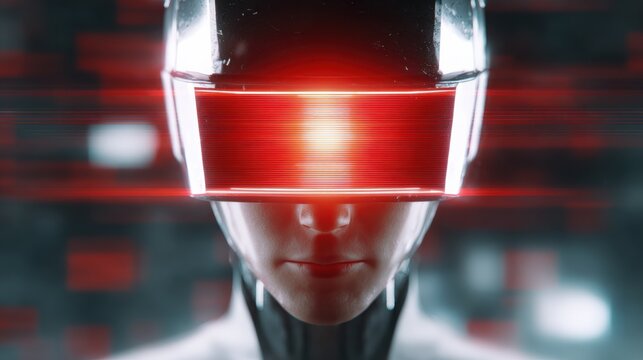A futuristic humanoid robot with a sleek, metallic face and a glowing red visor covering its eyes, set against a dark, high-tech background.