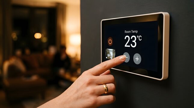 Woman Hand Adjusting Smart Thermostat Wall Panel with Touchscreen