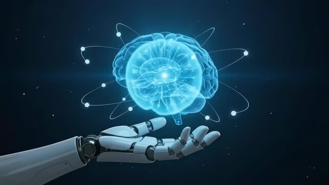 Robot hand supporting a glowing holographic brain with orbital data points