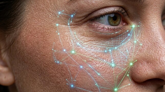 Human eye with digital biometric scanning mesh, demonstrating cybersecurity authentication technology on female face skin, showing identity verification database, projecting laser grid line node.