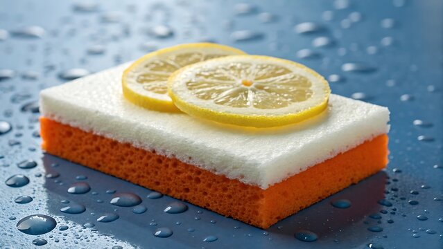 Fresh lemon slices resting on a colorful cleaning sponge wet surface