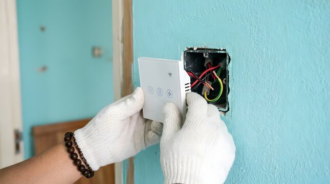 Hands in Work Gloves Installing Smart Switch Panel on Turquoise Wall