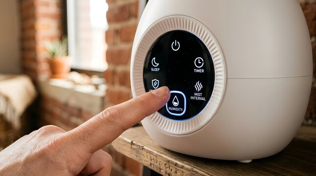 Finger Pressing Humidity Button on Smart Humidifier Control Panel
