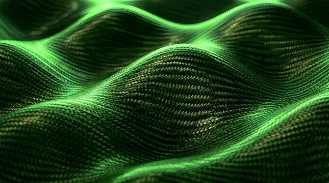 Green Carbon Fiber Weave Texture with Wavy 3D Contours, Macro Abstract