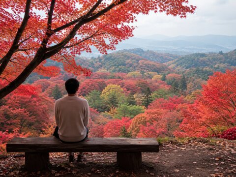 Alleinreisender sitzt auf einer Holzbank und blickt &uuml;ber sanfte H&uuml;gel voller Herbstfarben. Ruhige Szene mit rotem Ahornlaub vermittelt Stille, Naturgenuss und japanische Reiselust.