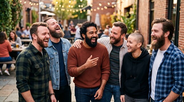 group of bearded friends laughing, Group of men laughing and enjoying time together outdoors at night  