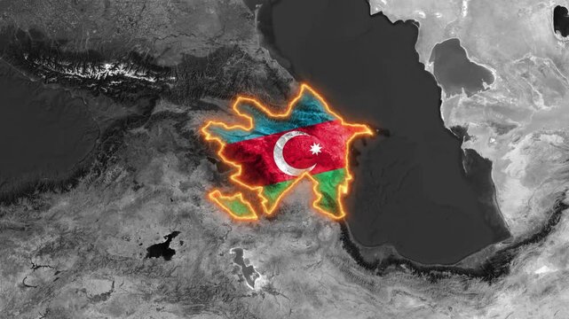 3D Satellite Map Animation Highlighting Azerbaijan with Glowing Border and National Flag Overlay