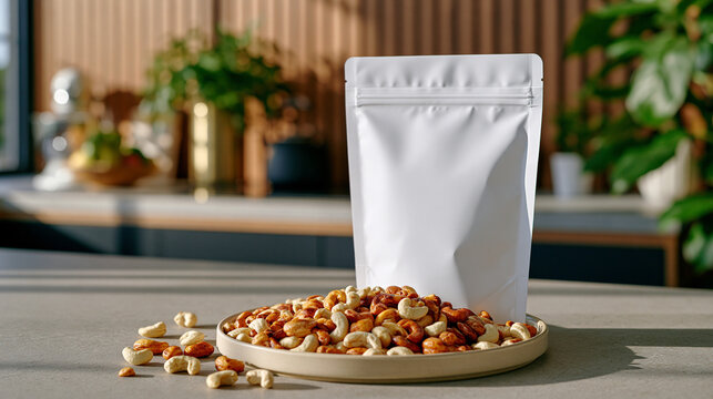 Blank matte pouch mockup containing roasted cashews displayed on elegant kitchen island with loose nuts and subtle shadows, premium snack packaging presentation, ultra photorealism, cinematic color 