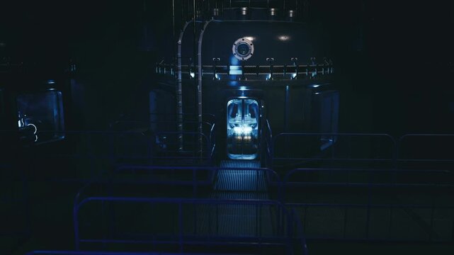 Glowing cryogenic pod inside dark lab, glass containment unit illuminated by cool blue LED, metal walkway leading to sealed hatch, low atmospheric fog, sterile