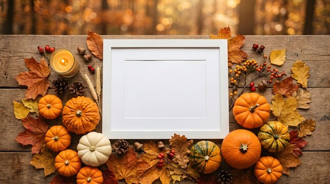 A beautifully arranged flat lay showcases a blank white frame surrounded by a vibrant assortment of pumpkins autumn leaves and seasonal decorations perfect for a
