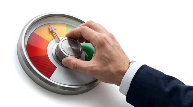 Business hand adjusting risk assessment meter from high risk toward safer performance zone