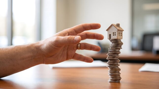 Hand reaching toward miniature house balanced on unstable coin stack representing property investment and financial risk