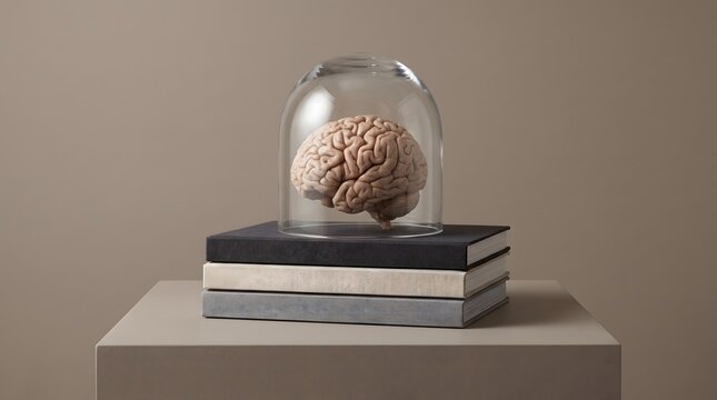 Anatomical human brain model protected under a glass dome on a stack of books in a minimalist studio environment.