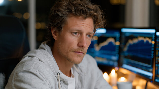 Concentrated forex trader monitoring live currency exchange platform across triple monitors in dimly lit trading room, candlelit desk accent casting warm glow on intense face