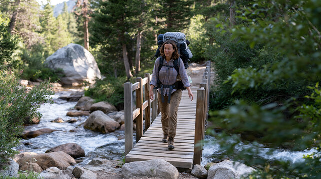 Thru-hiker with heavily laden pack crossing a wooden footbridge over a granite creek on a long-distance trail, journal and waterproof maps tucked in hip belt pocket, worn boot