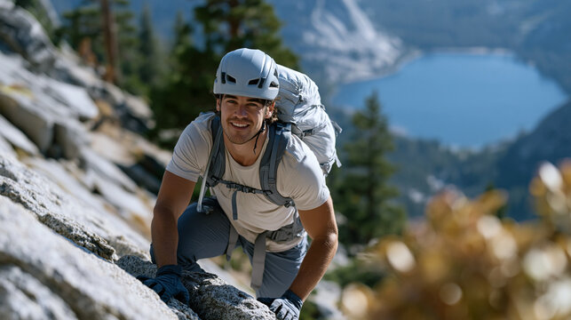 Hiker in helmet and gloves carefully negotiating a low-angle granite slab scramble above a valley, three-point contact maintained on textured rock, a light daypack hugging the