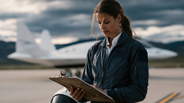 Environmental compliance officer standing on tarmac outside commercial spaceport terminal reviewing atmospheric particulate emissions data from recent suborbital departure on