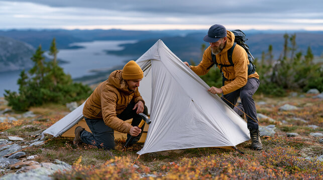 Two backpackers racing to stake down a freestanding tent in rising wind on an exposed ridgeline campsite, guy lines whipping, one person kneeling with a mallet while the other
