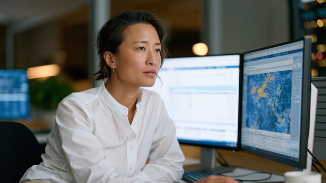 Compliance officer examining AML transaction monitoring alert flagged on dual-screen workstation inside corporate financial crimes unit, industrial office setting, suspicious wire