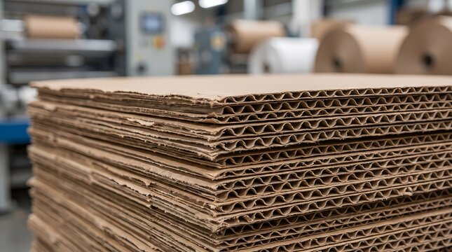 Close-up of stacked corrugated cardboard sheets in a paper manufacturing factory
