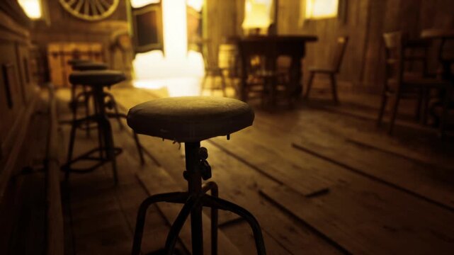 Moody rustic bar interior with stool, bar owner prepping venue, closeup of adjustable metal stool and candle glow, worn wooden floorboards, wheel wall