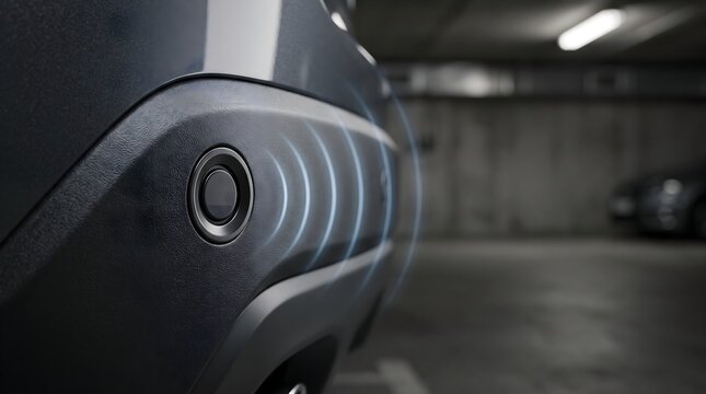 Close up of vehicle parking sensor emitting detection waves in a dim indoor garage
