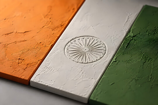 Textured tricolor panels with debossed Ashok Chakra on clean matte surface soft natural light macro close-up still life