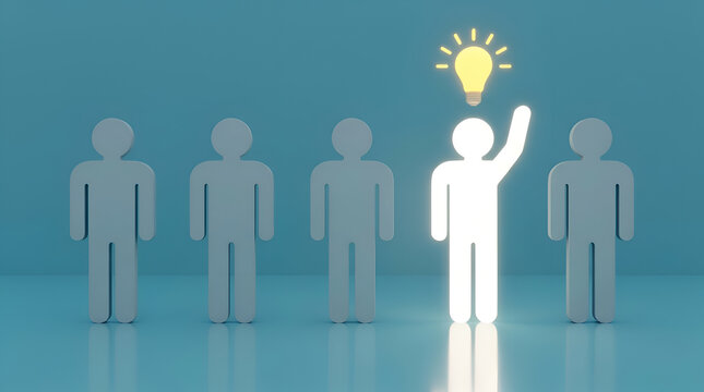 Concept of leadership and innovation with a glowing lightbulb above a unique white figure standing out among a row of identical gray figures on a blue background