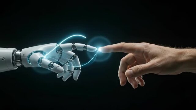 Robot and human fingers nearly touching with blue digital energy arc over black background