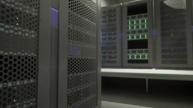 Perforated server panels with green leds, high density node cabinets and thermal management grilles, rack mounted accelerators and dense cabling, atmosphere