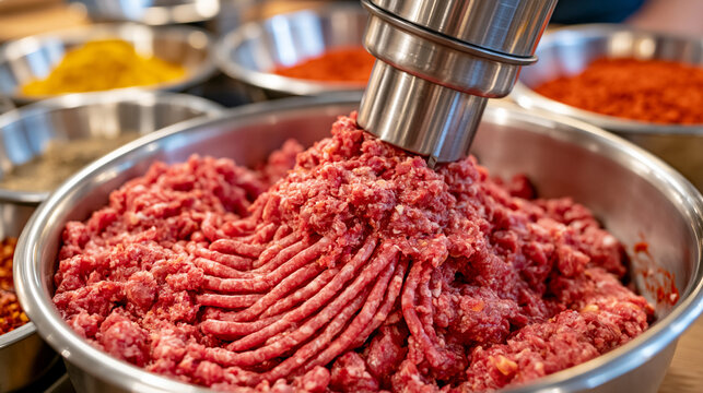 Fresh chorizo style sausage mince being blended with paprika and garlic inside a high capacity cutter, colorful spices displayed in polished metal bowls nearby, ultra photorealism, cinematic color c