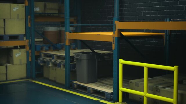 Inside a quiet warehouse, shelves brim with boxes of various sizes. Shadows dance along the floor as warm light flickers, revealing a heavy trash bin resting near the edge of the space.