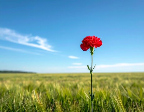 Single red carnation standing in open field under clear blue sky, freedom and hope symbolism, minimalist composition, no humans