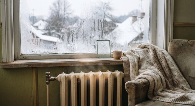 Snowy window with cast iron radiator and thick blanket draped over an armchair, showing cold weather outside and warm home comfort inside