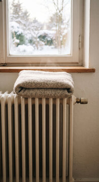White radiator beneath a snowy window with folded blanket on top, pale wall, soft daylight, and simple winter heating detail