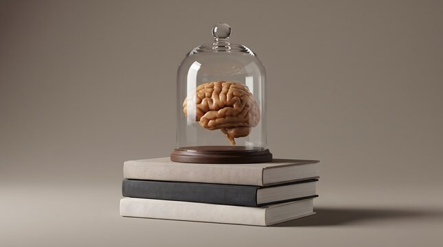 Conceptual photograph of a human brain model protected under a glass bell jar resting on a stack of books.