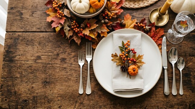 A beautifully arranged autumnal table setting complete with vibrant fall foliage elegant dinnerware and silverware evokes a warm and inviting atmosphere for a festive occasion