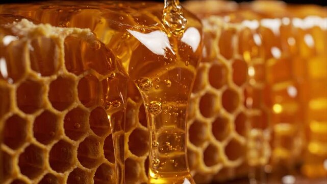 Golden honey drips from detailed honeycomb in a rich photorealistic macro food scene.