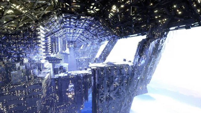 Ethereal vertigo inducing skyline with floating platforms and luminous edges, surreal perspective blends cloud and crystalline structure into dreamscape.