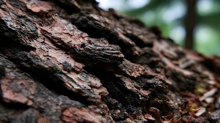 Fototapeta premium Close up of textured tree bark showing layered patterns and earthy tones under natural lighting