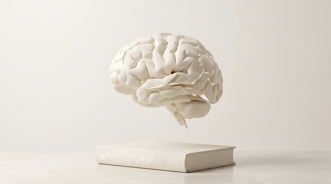 Minimalist conceptual photo of a white anatomical brain model hovering above a plain hardcover book on a neutral background.