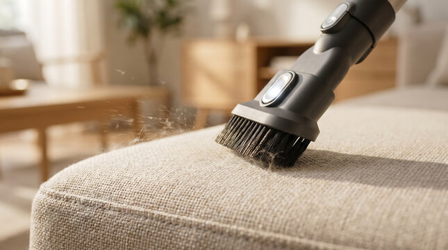 Using a vacuum cleaner attachment to deep clean a fabric couch cushion removing dust and debris in a cozy living room environment with cleaning housework maintenance