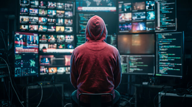 Hacker in red hoodie sitting before multiple computer monitors showing news broadcasts and digital data code in dark high tech room for cybersecurity surveillance theme.