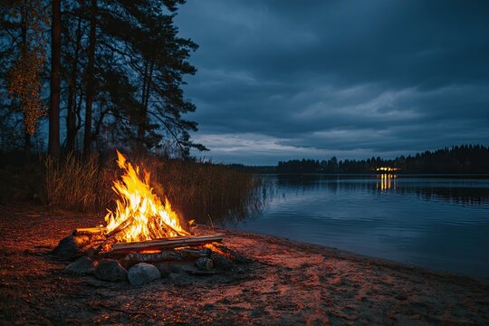 A vibrant bonfire burning on a sandy lake shore at night