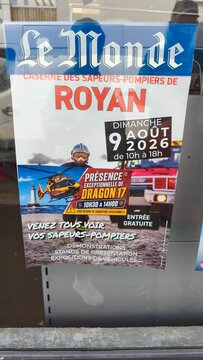 Royan, France - August 06, 2026: Charente-Maritime. Nouvelle-Aquitaine. Poster for fire department event in Royan, France, featuring helicopter and fire truck, details of date and time included
